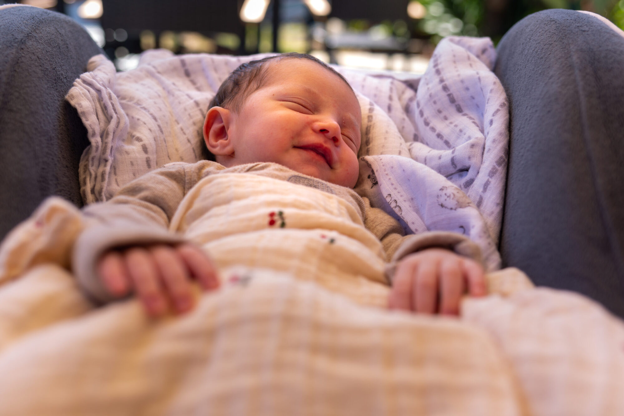 A sleeping newborn resting in soft blankets with warm afternoon light.